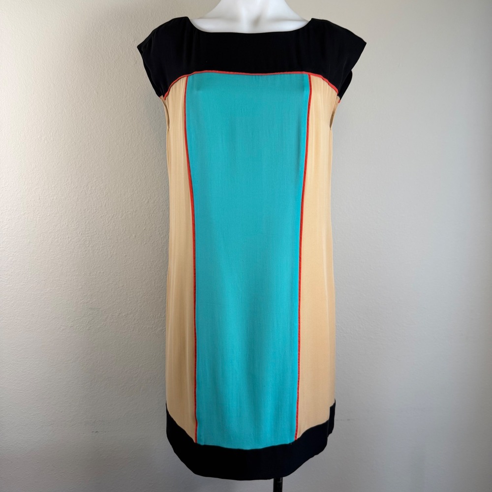 ECI Silk Colorblock Dress Size 8 Teal Beige Black Shift Sheath Career‎ Cocktail